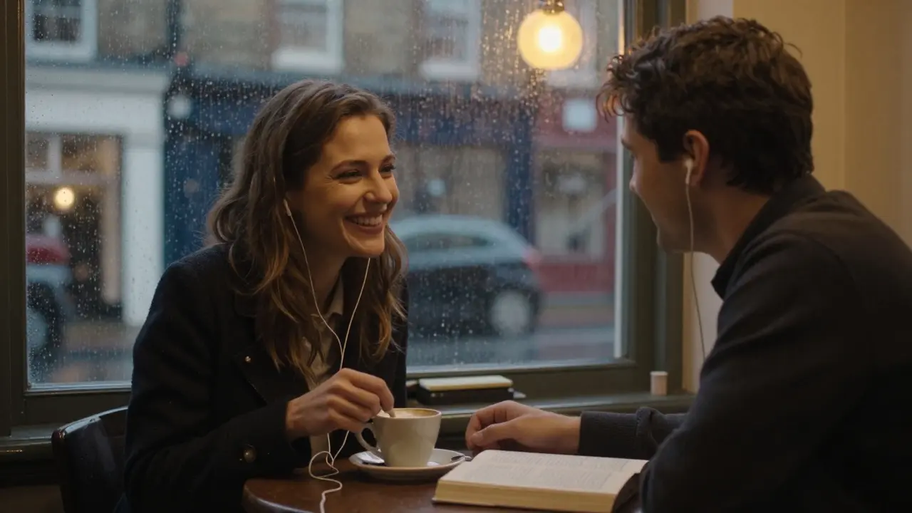 Two people in a rainy Notting Hill café sharing headphones and laughter over coffee, books and steam rising from mugs.