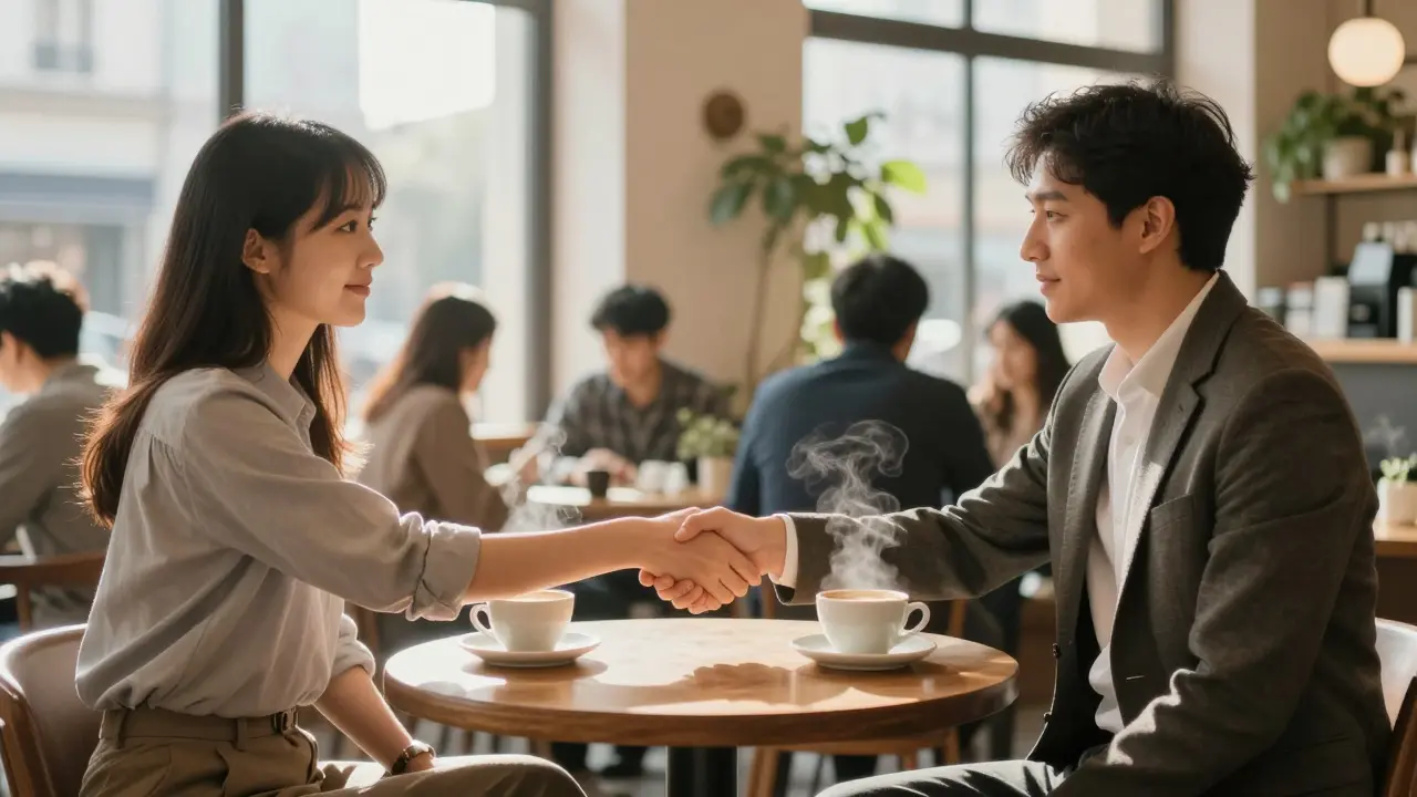 Two people shaking hands at coffee shop table in public setting