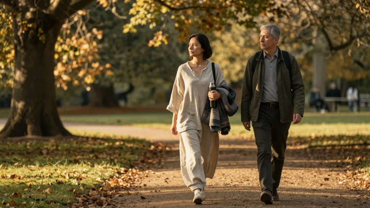 Two people walking peacefully through Richmond Park at sunset, calm and connected.
