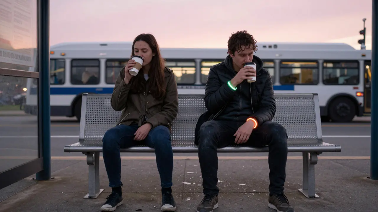 Two strangers sharing coffee at a bus stop at dawn after an all-night rave.