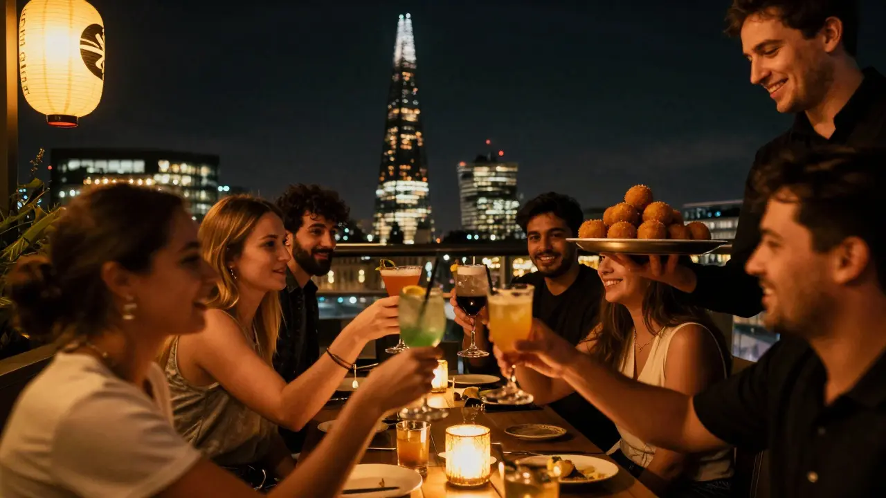 Vibrant crowd at Sushisamba rooftop bar enjoying cocktails with the Shard visible behind them under golden lights.